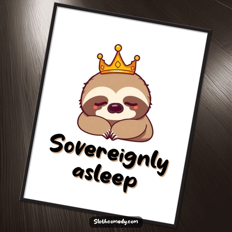 Funny sloth king wearing a tiny crown, napping majestically as a digital art print. Perfect funny gift.
