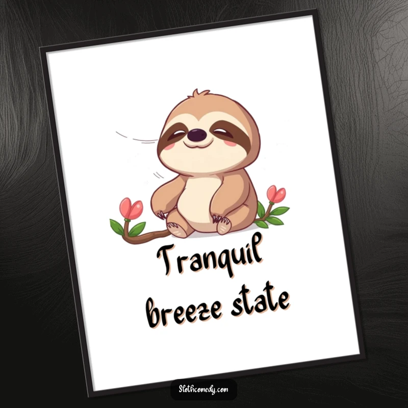 Funny digital art print of a peaceful sloth enjoying a gentle breeze, symbolizing serenity and calm humor, a downloadable funny gift.