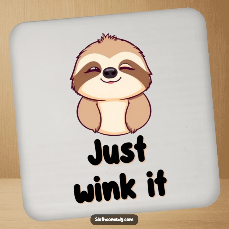 Funny drink coaster with a sloth character giving a charming, playful wink, protecting surfaces with humor.