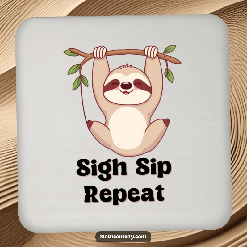 Funny drink coaster with a sloth hanging upside down, letting out a contented sigh, perfect for calm.
