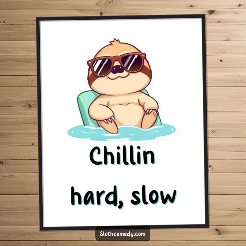 Funny poster print of a sloth wearing sunglasses, enjoying a sunbath, embodying ultimate relaxation and humorous coolness.