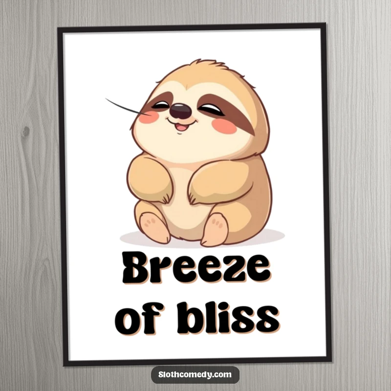 Funny poster showcasing a chubby sloth character with a relaxed expression, eyes closed, peacefully enjoying a gentle breeze. A humorous artwork.