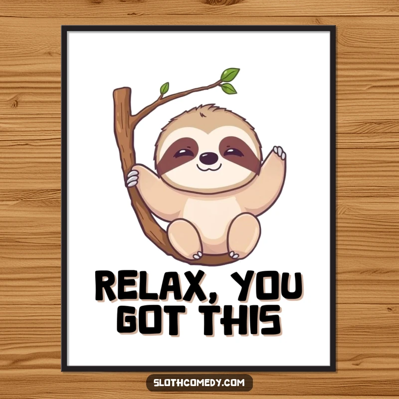Funny Kawaii Sloth Poster: Artistic print of a cute sloth with a slow smile, hanging from a branch, perfect wall art.