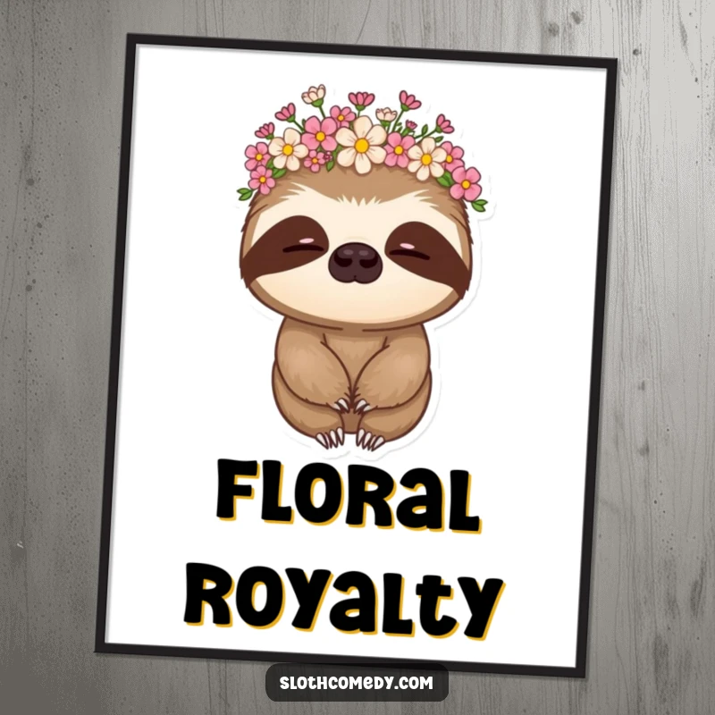 Funny sloth poster featuring a sloth in a delicate flower crown, nodding slowly, adding peaceful humor to decor.