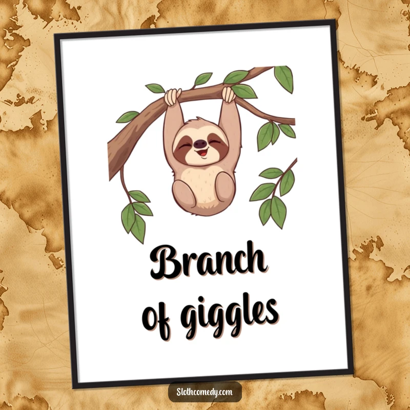 Funny poster depicting a sloth giggling while hanging upside down from a branch, symbolizing humorous joy and relaxation.