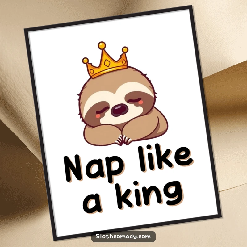 Funny sloth king wearing a tiny crown, napping majestically on a wall poster. Perfect funny art gift.
