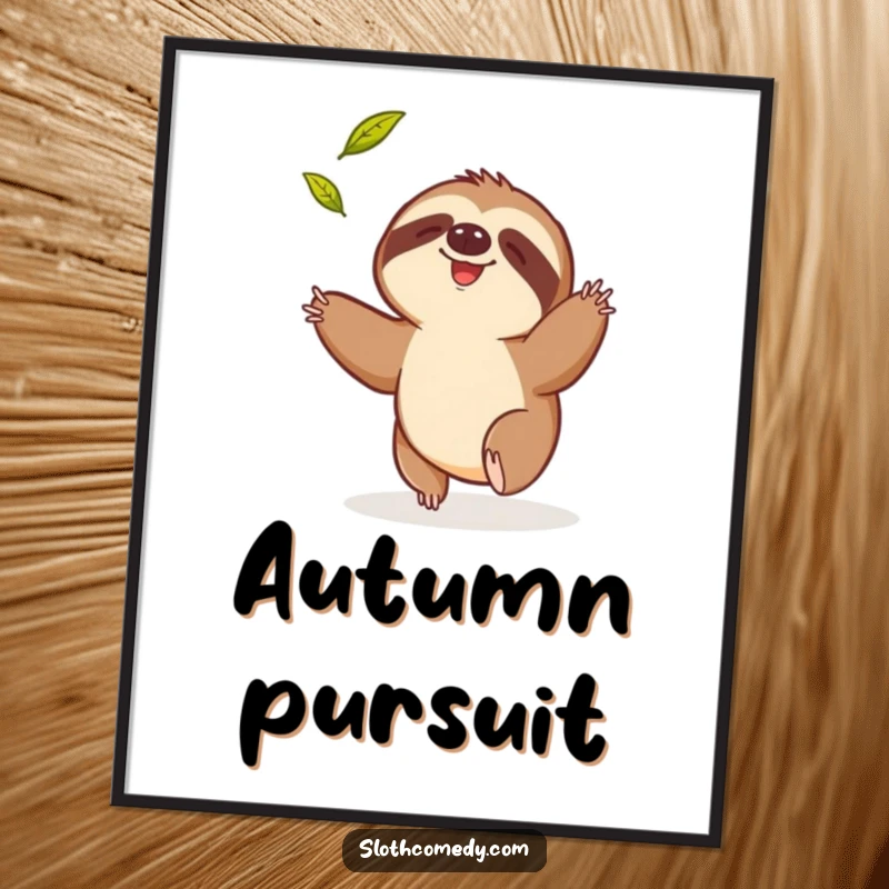 Funny poster depicting a sloth comically reaching for a falling leaf, symbolizing a humorous and earnest pursuit.