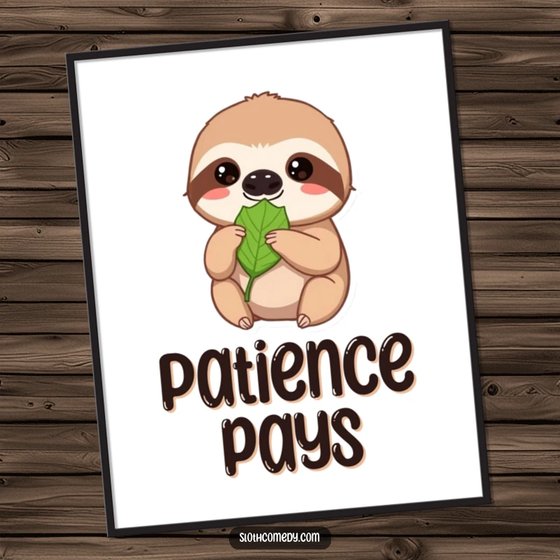 Funny sloth poster, a sweet sloth offers a leaf with extreme patience and a soft gaze, ideal wall art for calm spaces.
