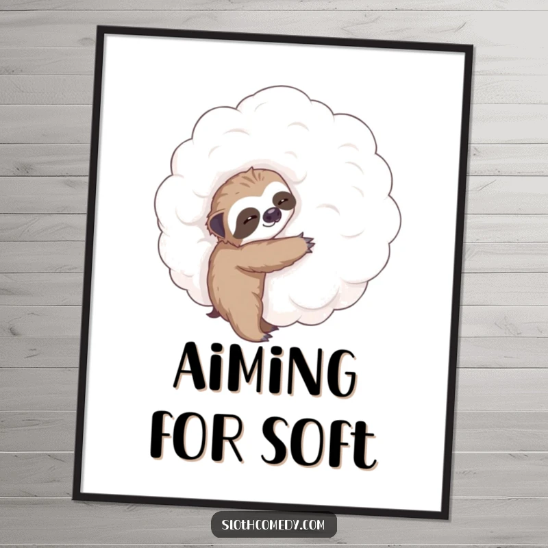 Funny poster print of a tiny sloth reaching enthusiastically towards a large, soft cloud, capturing a moment of gentle aspiration and humor.