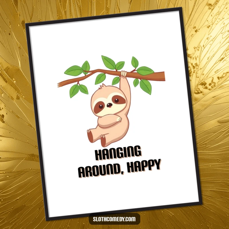 Funny Kawaii Sloth Poster showing a cute, peacefully dangling sloth on a branch, perfect for humorous and calming wall decor.