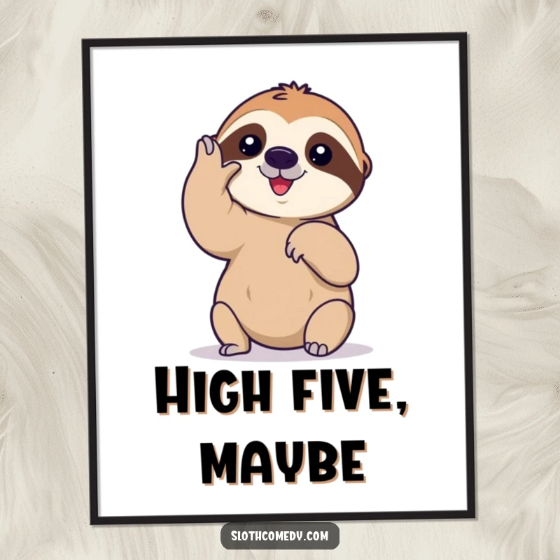 Funny poster print of a sloth's hilariously slow and careful high-five, capturing the humor in effort and the passage of time.