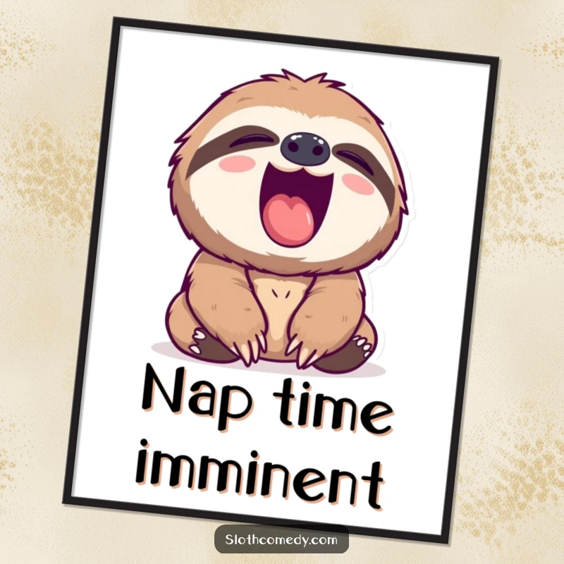Funny sloth poster capturing a sloth’s wide yawn and exposed pink mouth, adding humorous wall art.