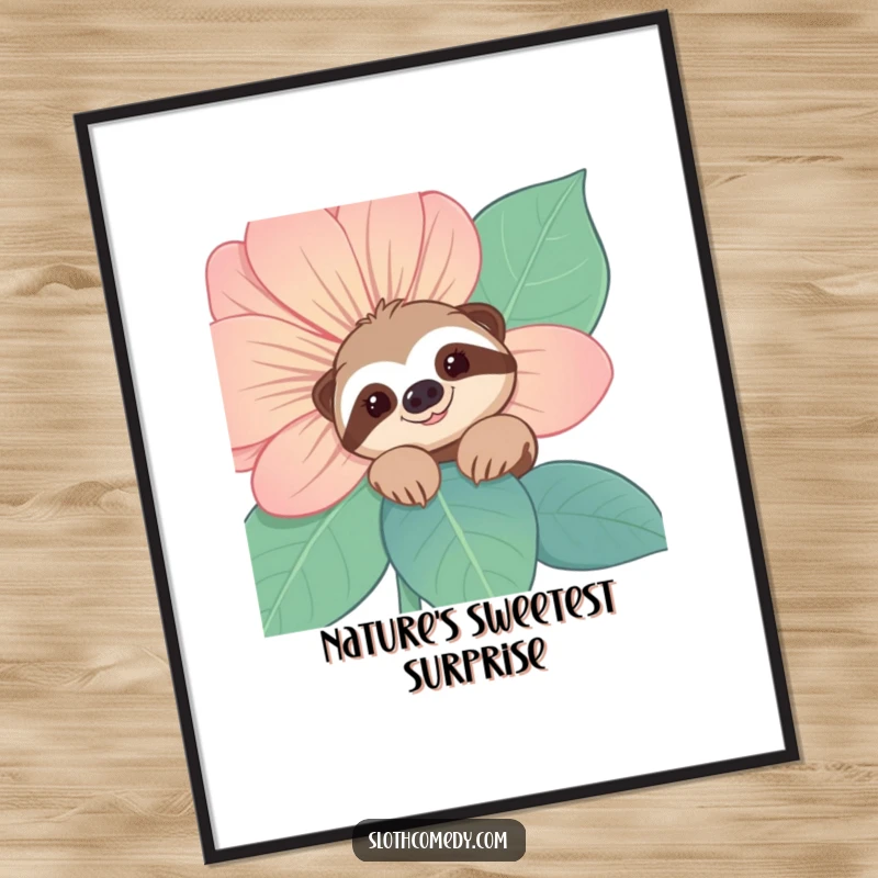 Funny Sloth Poster: A smiling sloth character peeks playfully from behind a large flower, creating a humorous and endearing wall art.