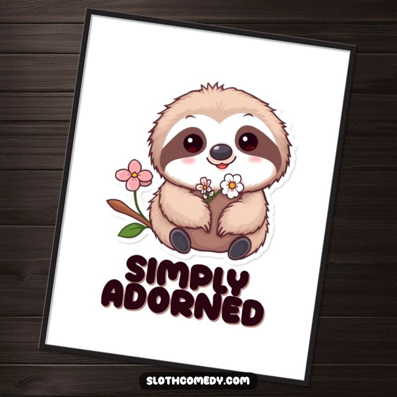 Funny Kawaii Sloth Flower Poster showing a cute sloth with a tiny flower in its fur, perfect for humorous and charming wall decor.