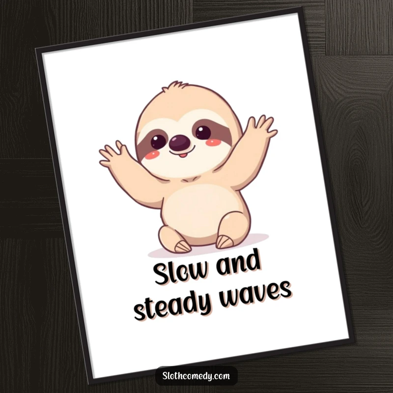 Funny kawaii sloth doing a very slow, deliberate wave on a poster, as humorous wall decor.
