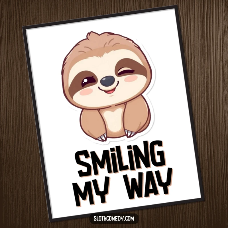 Funny sloth poster showcasing its slow blink and gentle smile, evoking feelings of tranquility and quiet happiness.