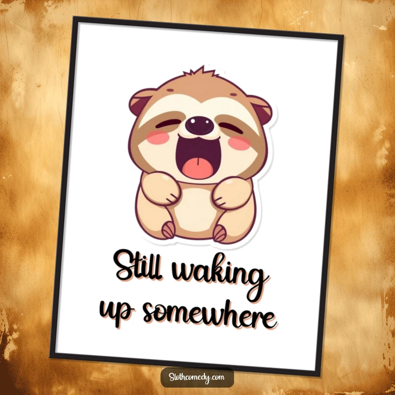 Funny Kawaii Sloth Yawning Poster, featuring a cute sloth with sleepy eyes yawning widely, adding a humorous and charming visual to any wall.