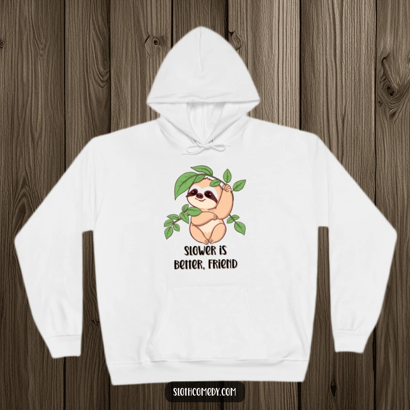 Funny Sloth Hoodie: A sloth character performs a slow, gentle wave with a leafy branch, perfect for cozy, humorous relaxation.