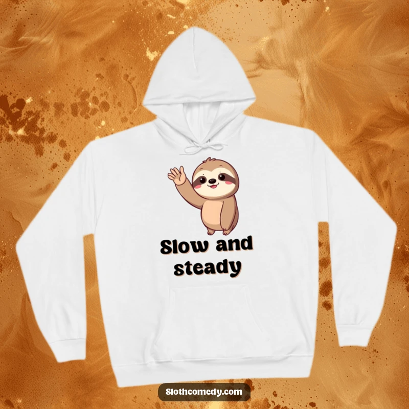 Funny Hoodie showcasing a sloth’s slow, joyful wave, a symbol of relaxed happiness and cozy comfort.