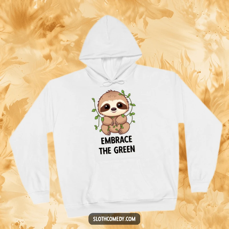 Funny Hoodie depicting a sloth with small vines playfully wrapped around its limbs, exuding a sense of peaceful comfort and natural charm.