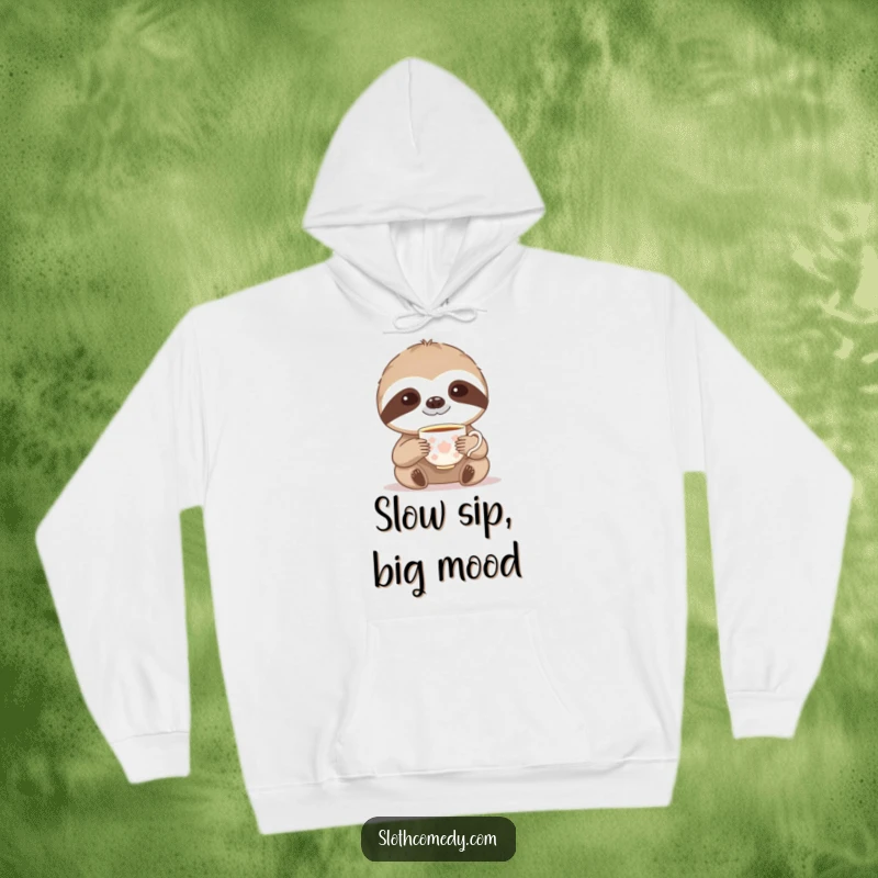 Funny hoodie with a sloth gracefully lifting a tiny teacup, exuding elegant, slow humor.