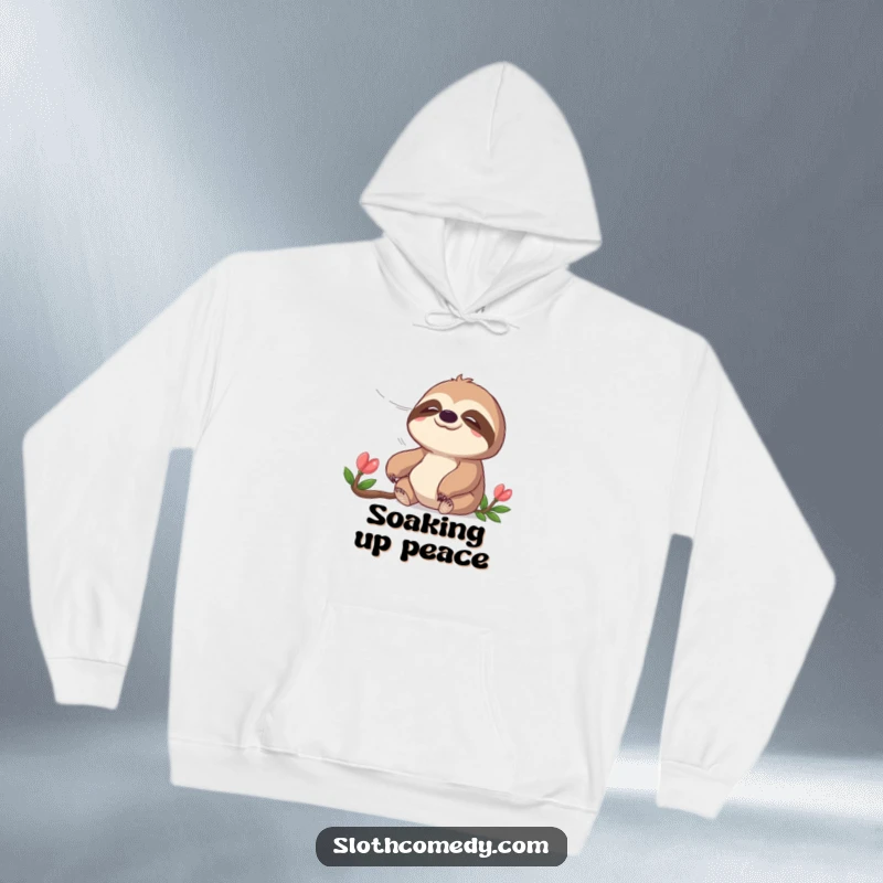 Funny hoodie displaying a peaceful sloth basking in a gentle breeze, radiating calmness and comfort, a cozy funny gift.