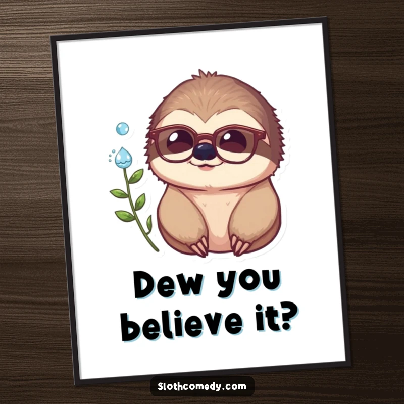 Funny free printable wall art of a sloth wearing tiny spectacles, gazing deeply into a single dewdrop.