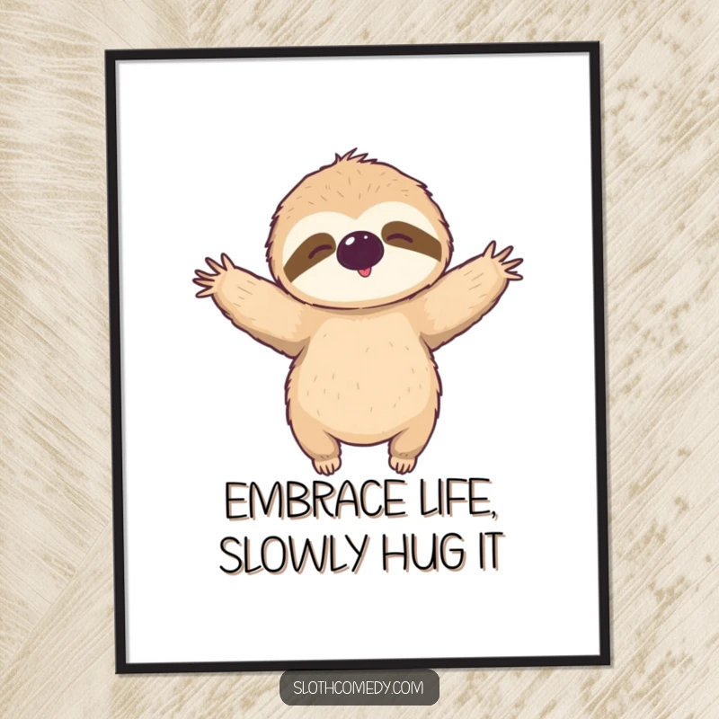 Funny Free Printable Wall Art of a sloth with arms outstretched in a relaxed hug, a cozy and humorous downloadable art.