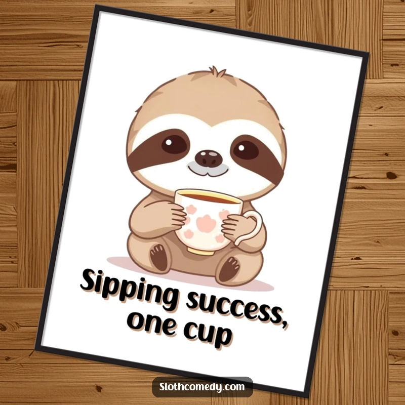 Funny Free Printable Teacup Sloth Wall Art: Sloth elegantly holds a teacup, adding humorous sophistication to walls.