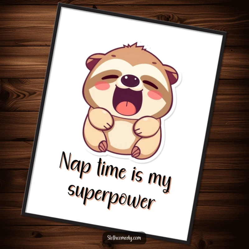 Funny Free Printable Wall Art: Kawaii sloth with sleepy eyes, captured mid-yawn, bringing sleepy charm to your decor.