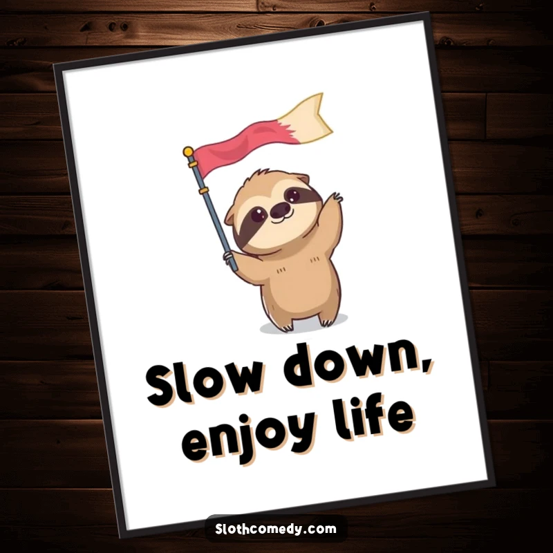 Funny Free Printable Wall Art: A comical sloth humorously waving a tiny, yet comically oversized flag.