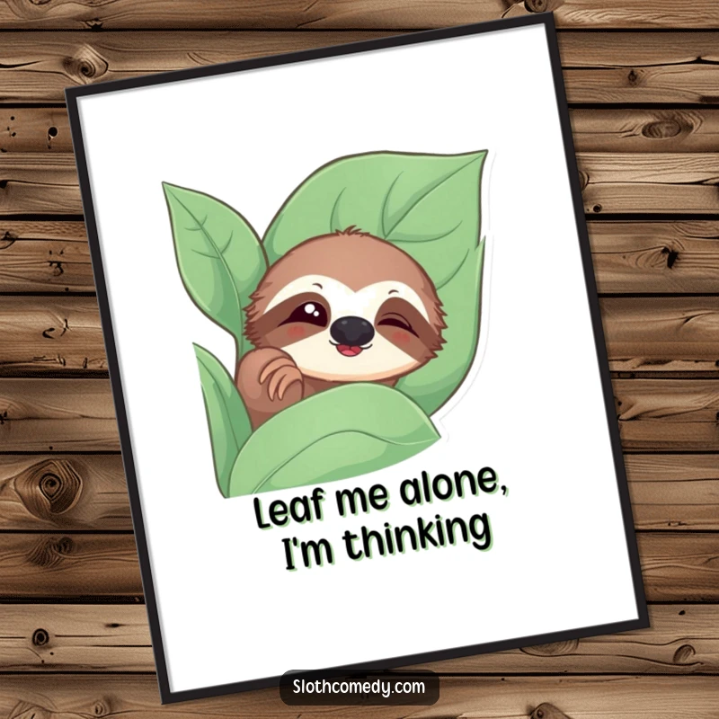 Funny free printable wall art of a curious sloth peeking from behind a leaf, caught mid-slow blink.