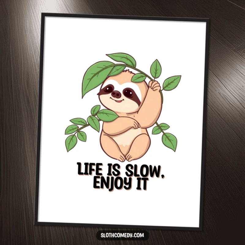 Funny free printable wall art of a sloth slowly waving a leafy branch, adding a calm and humorous jungle vibe.