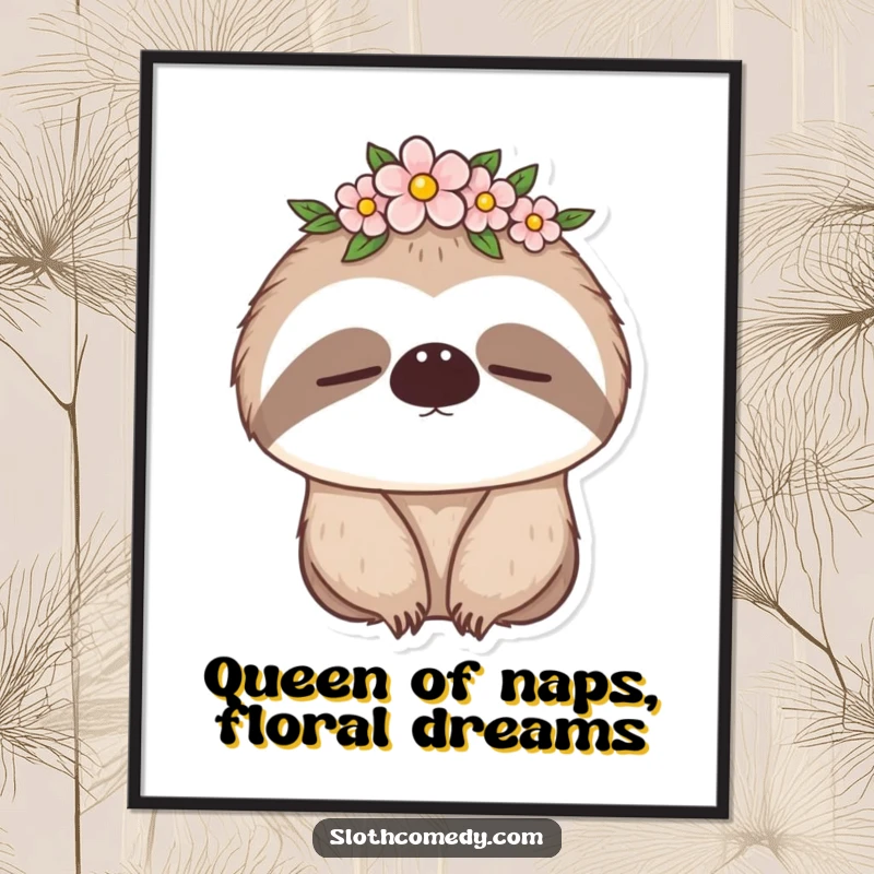 Funny Free Printable Wall Art: A charming sloth wearing a flower crown blinks sleepily, bringing tranquil vibes to any room.