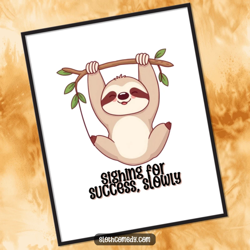 Funny Free Printable Contented Sloth Wall Art: Sloth hangs upside down sighing contentedly, bringing humorous calm to walls.