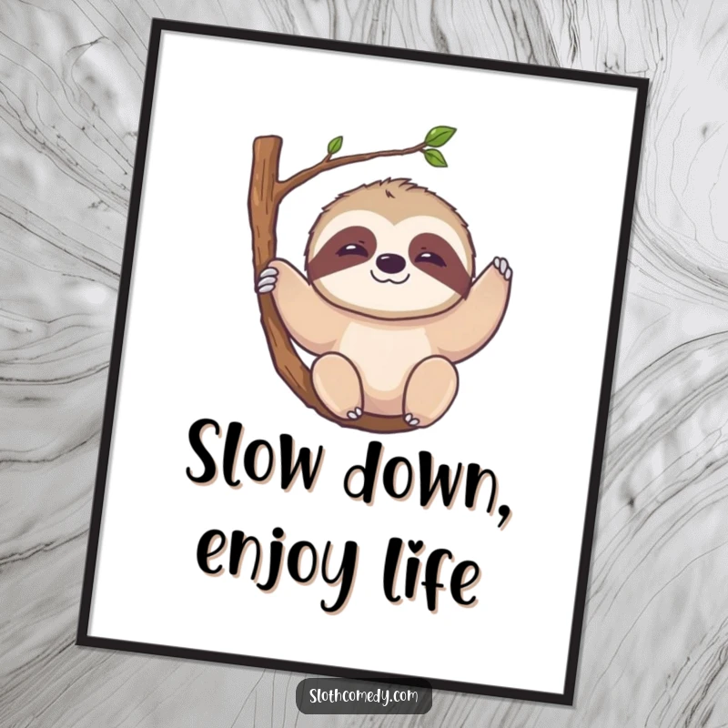 Funny Free Printable Wall Art of a kawaii sloth with a slow, gentle smile, hanging from a tree branch.