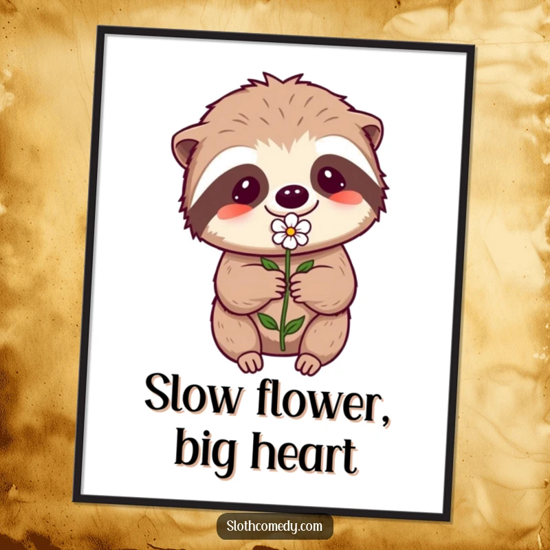 Funny Free Printable Wall Art: Kawaii sloth offering a tiny flower with immense effort, full of charm and humor.