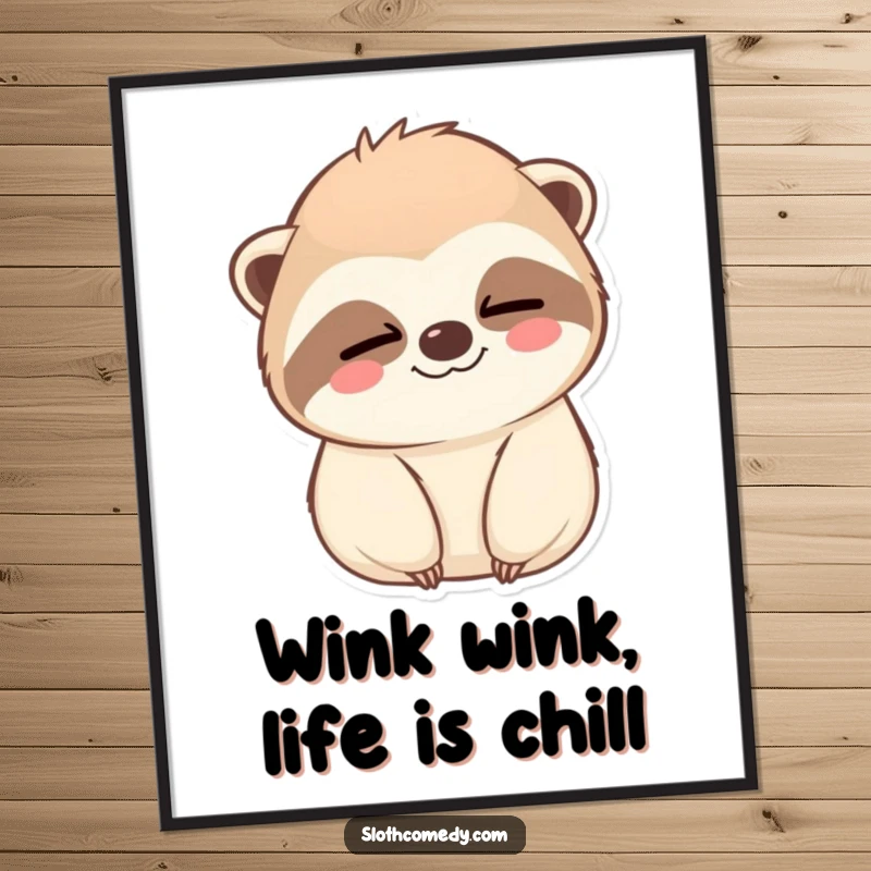 Funny free printable wall art of a kawaii sloth with a calm smile, giving a slow, charming wink.