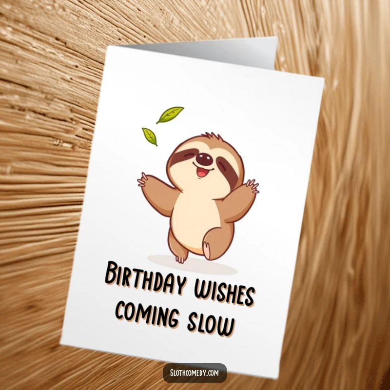 Funny Free Printable Birthday Card: A humorous sloth comically reaching for a single falling leaf.