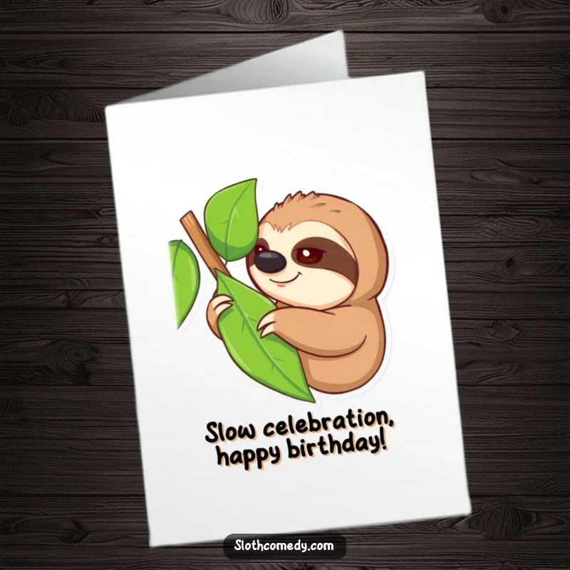 Funny Free Printable Birthday Card: A sloth with one eye open slowly reaches for a tempting green leaf, representing slow birthday goals.