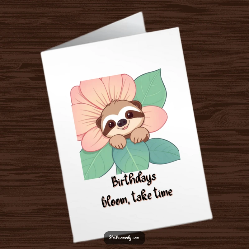 Funny free printable birthday card featuring a smiling sloth peeking from behind a large flower, wishing a happy birthday.