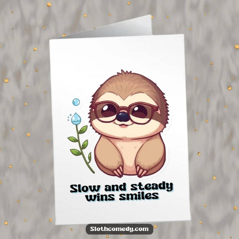 Funny free printable birthday card featuring a sloth in tiny spectacles, contemplating a dewdrop with profound thought.