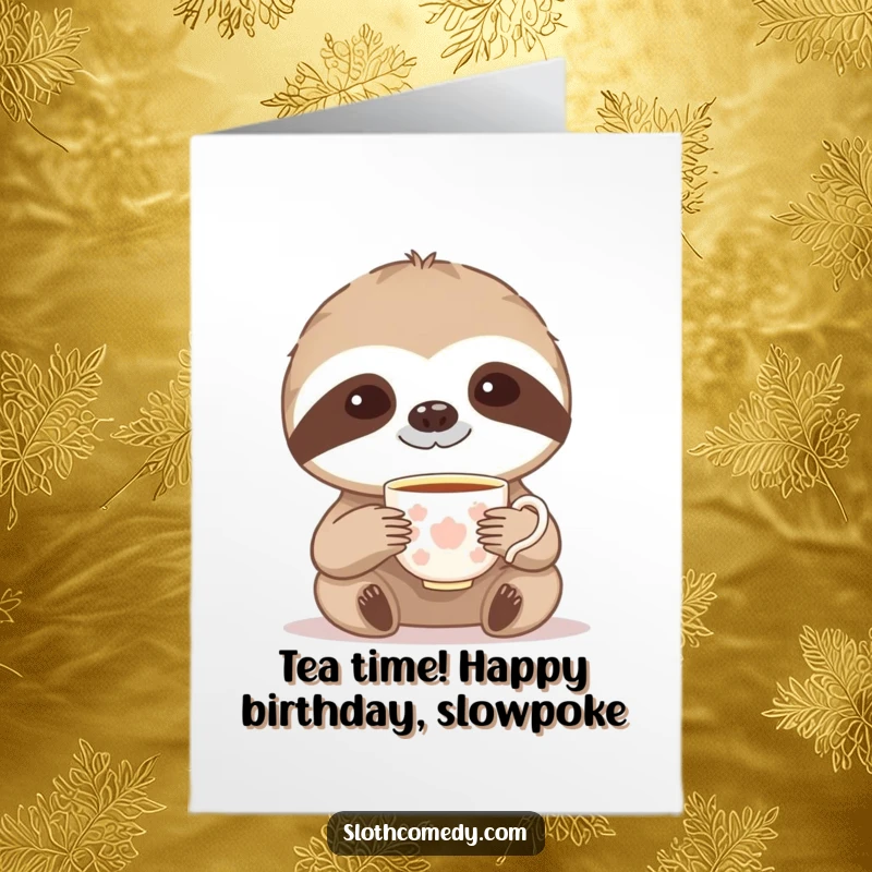 Funny Free Printable Teacup Sloth Birthday Card: Sloth gracefully raises a tiny teacup, wishing a hilarious birthday.