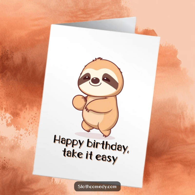 Funny Free Printable Birthday Card: Kawaii sloth doing a gentle, unhurried sway, embodying chill birthday vibes.