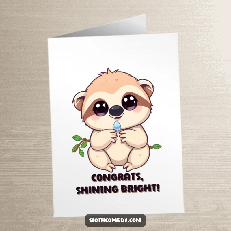 Cute Free Printable Congrats Card: A sloth with sparkling eyes holds a single dewdrop, symbolizing a precious moment of success.
