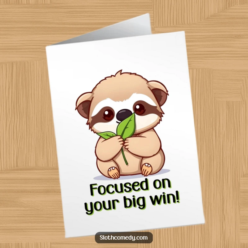 Funny Free Printable Congrats Card: Kawaii sloth holds a leaf with extreme focus, celebrating achievement.