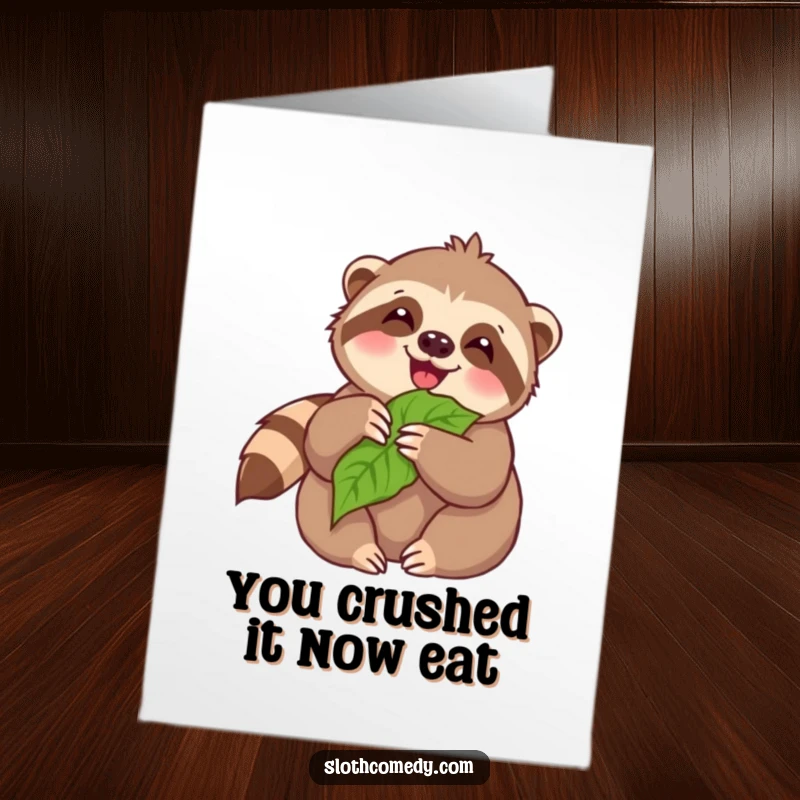 Funny Free Printable Congrats Card: A kawaii sloth joyfully eating a leaf, perfect for a downloadable congratulatory gift.