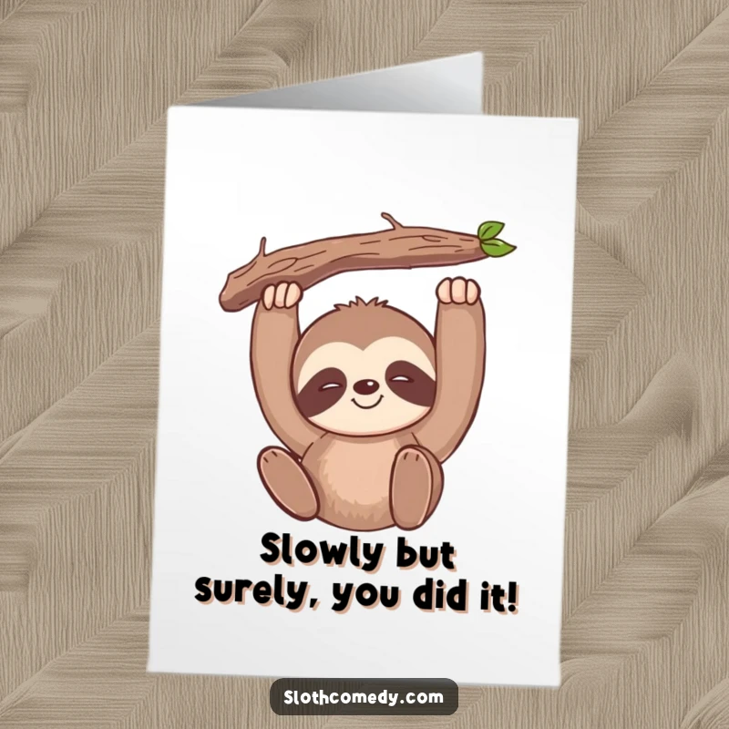 Funny Free Printable Congrats Card: Kawaii sloth hangs from a branch, offering a slow, content smile.