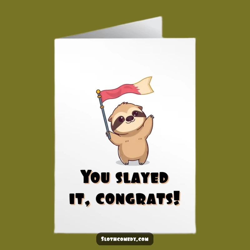 Free Printable Congrats Card: Sloth Waving Flag - Funny Slow Win Download