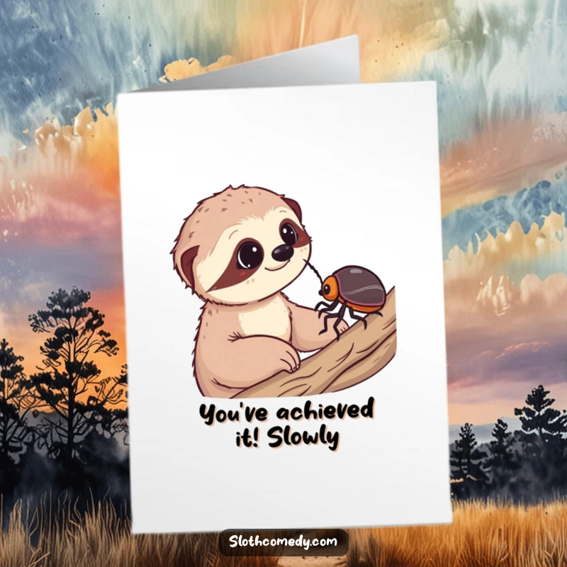 Funny Free Printable Congratulations Card: Sloth in awe of a slow beetle, celebrating any achievement with wonder.